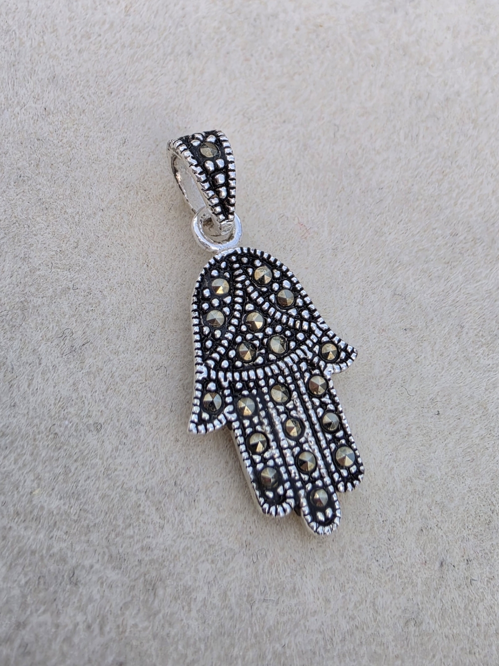 Sterling Silver Hamsa Hand Pendant with Marcasite Accents